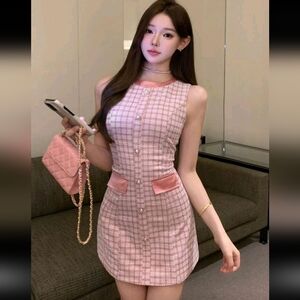 Pink Tweed Sleeveless Mini Dress